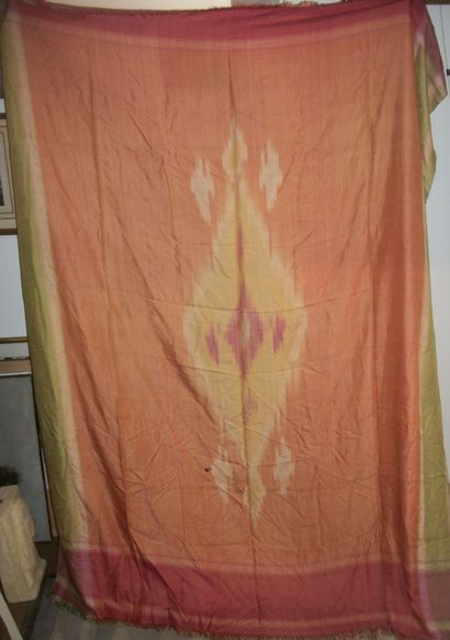 null Square in ikat taffeta, Uzbekistan, orange background, red and yellow flamed...