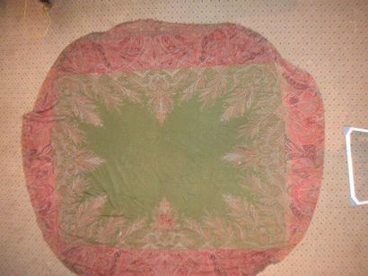 null Shawl, circa 1840, large square green reserve loaded with palms, red border...