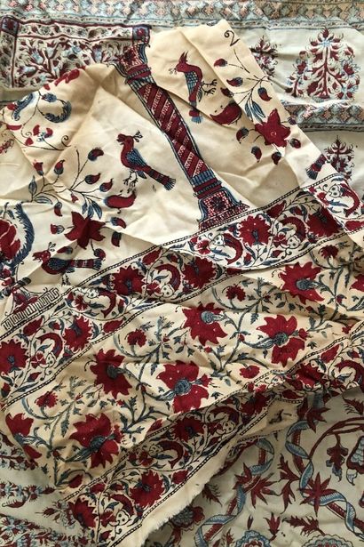 null Sofreh en kalamkari, Perse, XIXe siècle, coton imprimé à la planche, fond blanc,...