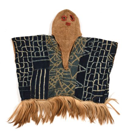 null Bamiléké hooded tunic, Cameroon, made of two blue and cream ndop, red embroidered...