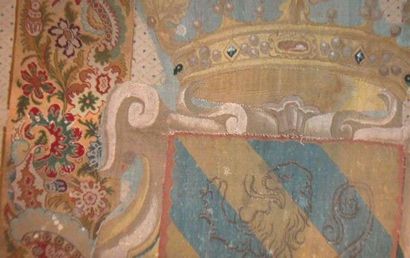 null Piece of tapestry with a crown and coat of arms and a band in tapestry stitch,...