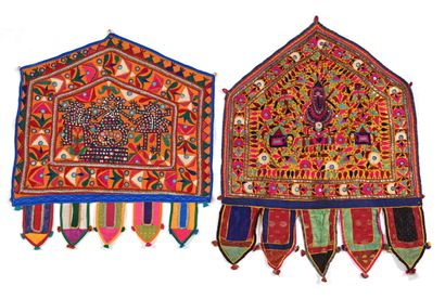 null Two ritual embroideries Ganeshtapana, Saurastra, India, Gujarat, yellow or orange...