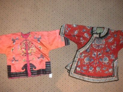 null Two children's jackets, China, embroidered mandarin satin and red damask embroidered...