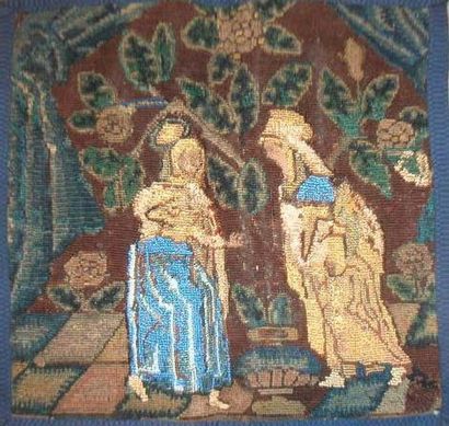 null Panneau en tapisserie au point, XVIIe siècle, la visitation (usures). 0, 46...
