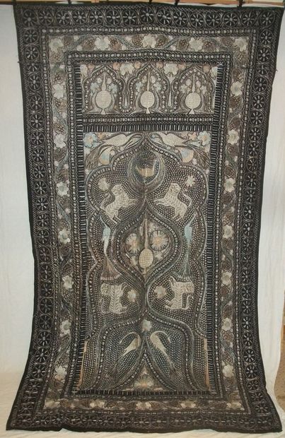 null Wall hanging, Persia, early 20th century, black felt embroidered in polychrome...