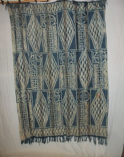 null Ndop or coat of King Bamileke, Cameroon, indigo background dyed in cream and...