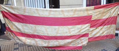 null Panel in imberline, 18th century, raspberry and cream stripes with ribbons and...