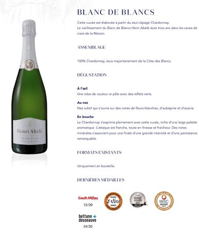 CHAMPAGNE Un (1) carton de six (6) bouteilles - Champagne Blanc de blanc, Henri ...