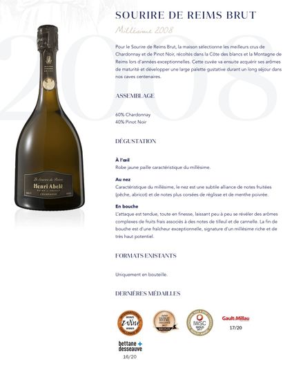 CHAMPAGNE Un (1) carton de trois (3) bouteilles - Champagne "Sourire de Reims" Blanc,...