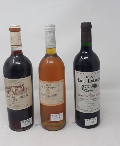 VARIA Lot de trois (3) bouteilles:

- Une (1) bouteille - Château Haut Lalande, 1999,...