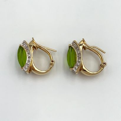 null Pair of yellow gold (750‰) EARRINGS set with a domed green stone surrounded...