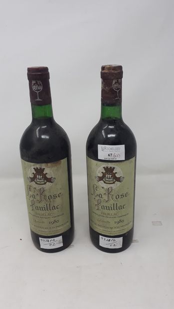 BORDEAUX Two (2) bottles - Château La Rose Pauillac, 1980, Pauillac (corroded capsule,...