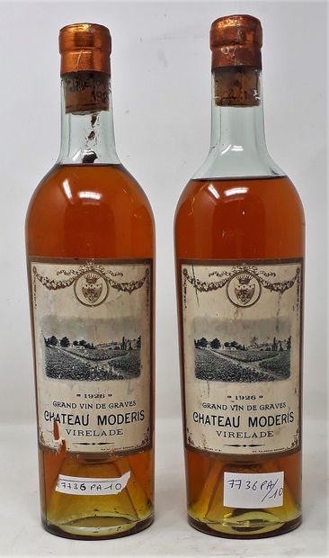 BORDEAUX Two (2) bottles - Château Modernis Virelade, 1926, Grave (ea; high shoulder...