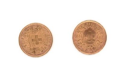 null Deux (2) pièces de 20 francs suisses or

Poids: 12,89 g (frottées, usées)