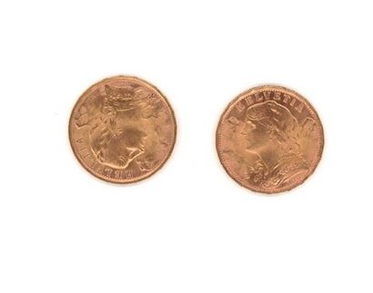 null Deux (2) pièces de 20 francs suisses or

Poids: 12,89 g (frottées, usées)