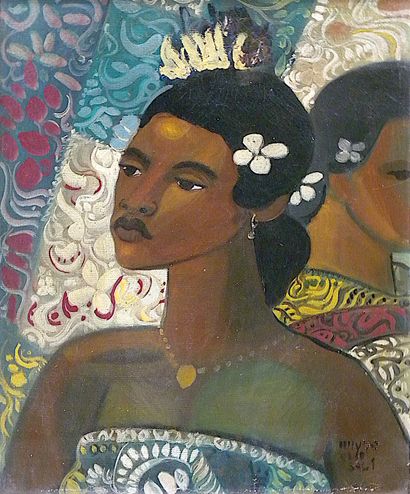 null Balinese school - 20th century. "Two young women". Oil on canvas. Signed Delly...