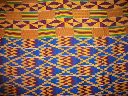 null Kente, Ghana, Ewe striped weave, blue background, orange and red chevron design...