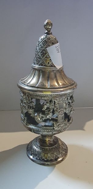 null A silver (950/00) mustard pot holder decorated with columns linked by garlands...