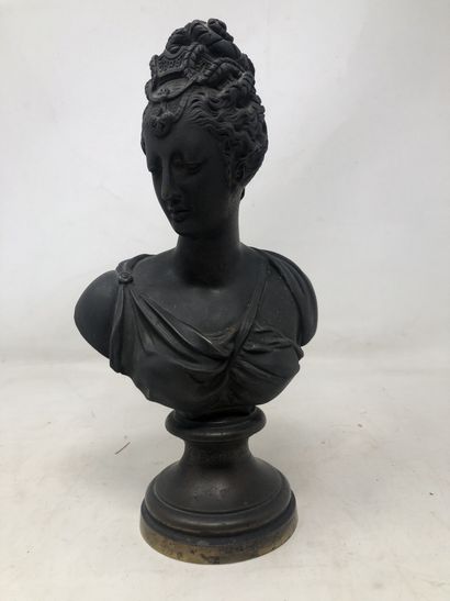 null Buste de femme en fonte, socle en bronze

Xxe siècle

Hauteur totale: 26 cm