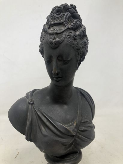 null Buste de femme en fonte, socle en bronze

Xxe siècle

Hauteur totale: 26 cm