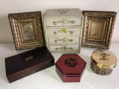 null Lot including: a 1950's painted wood doll's chest of drawers, two framed family...