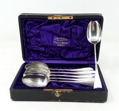 null In a case lined with black leather:

Six small silver spoons (950 thousandths),...