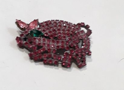 null Broche "Cochon" en métal serti de pierres d'imitation roses et verte