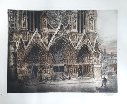 null Henri JOURDAIN (1864-1931) "Portail de la cathédrale de Reims" et "Intérieur...