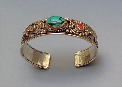  Rigid open silver bracelet 925 / ° ° centered a cabochon turquoise shouldered cabochon...