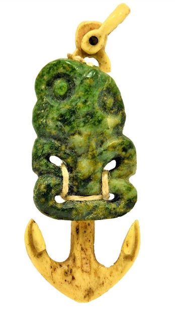 Hei Tiki in jade mounted on an anchor. The...