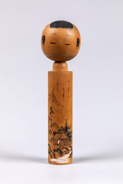 KOKECHI doll : traditional doll in natural wood decorated with houses in a landscape...