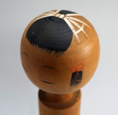  KOKECHI doll : traditional doll in natural wood decorated with houses in a landscape...