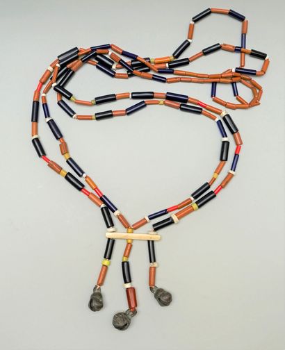 Necklace made of tubular glass beads in blue,...