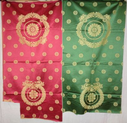  Two silk lampas, seat and back, Empire style, green or red satin background, yellow...
