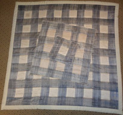 null Quilt in taffeta with gray and cream checks, double diamond medallion, bordered...