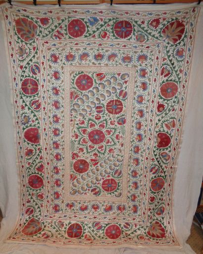null Susani embroidery, Uzbekistan, cream background, polychrome embroidered decoration...