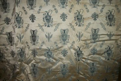  Pair of lampas curtains, Directoire style, pearl satin background, cream and blue...
