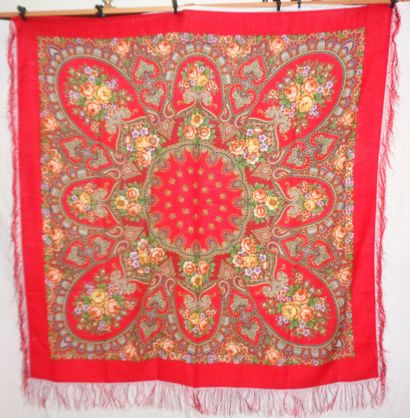 Russian shawl, red background, printed decoration...