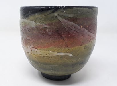  BOURCEREAU Christian 
Stoneware bowl of raku type with green, red and black decoration,...