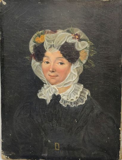 null Lot comprenant:

- Ecole du XIXe siècle "Femme au camée", huile sur toile, 67...