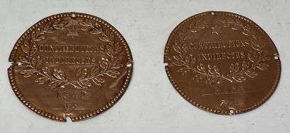 null Lot including:

- two round copper plates "Indirect Contribution", with oak...
