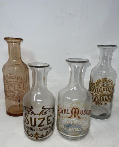 null Five glass advertising decanters - "Eau de vie"; Gentiane Bonnat; Suze; Quinquina...