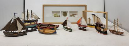 null Lot of five framed pieces including:

- "Model Ships," modern, 17.5 x 37.5 cm

-...