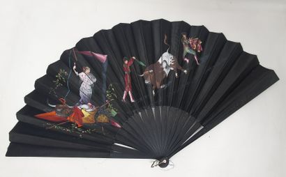 null Black satinette fan painted with a bullfighting scene, blackened and carved...
