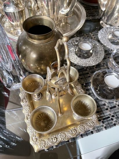 null Metal lot including:

- brass service including four cups and four spoons

-...