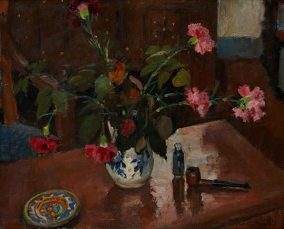 Georges PACOUIL Georges PACOUIL (1903-1996)

Vase of flowers and pipe on a table

Oil...