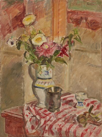 bertrand py Bertrand PY (1895-1973) 

Vase of flowers on a red and white tablecloth

Oil...