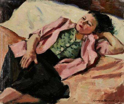 Georges PACOUIL Georges PACOUIL (1903-1996) 

Woman lying down with a pink jacket

Oil...