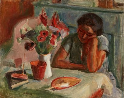 bertrand py Bertrand PY (1895-1973) 

Young woman leaning on a vase of anemones

Oil...