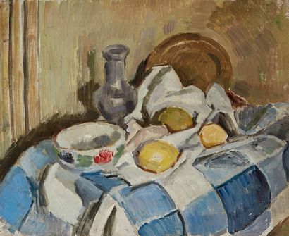 bertrand py Bertrand PY (1895-1973) 

Still life on a blue checkered tablecloth

Oil...
